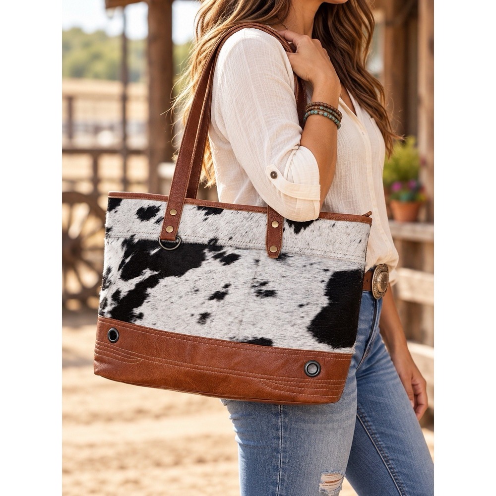 Myra Bag Matty Affair Hair-On-Hide Cowhide Canvas Tote Brown Leather Purse